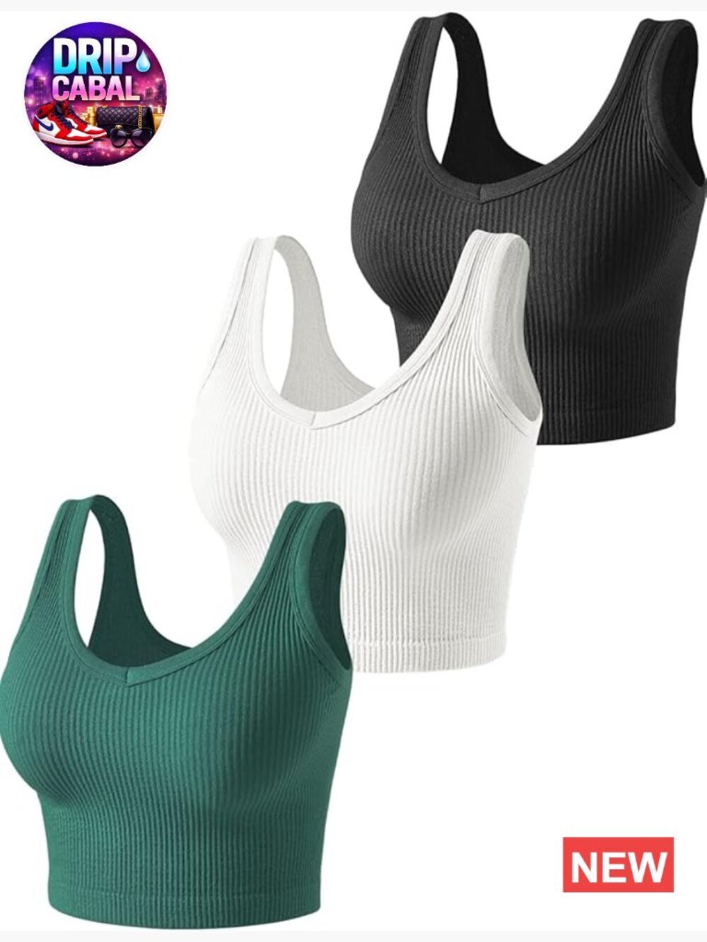 3 Pack Ribbed Crop Tank Tops Seamless Stretchy V-Neck Sleeveless